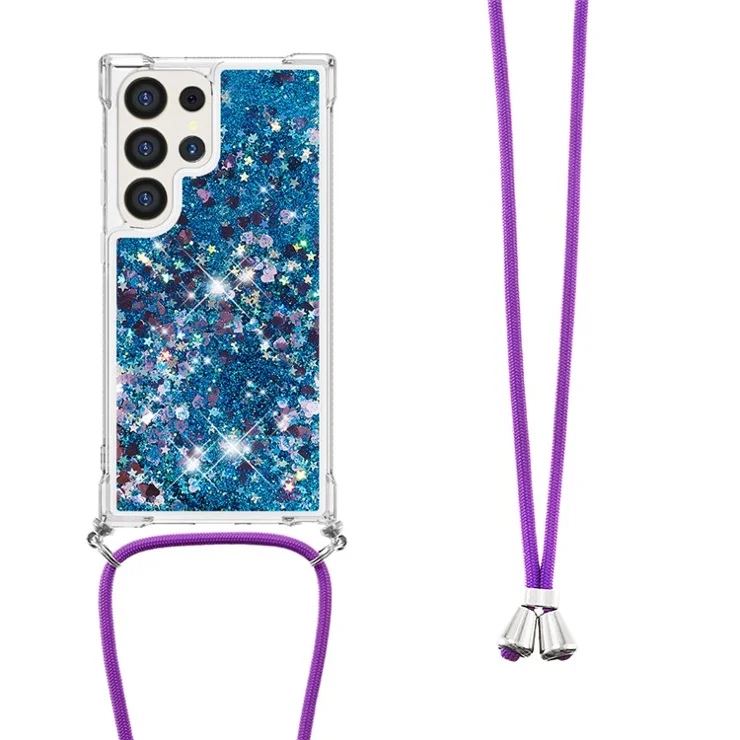 For Samsung Galaxy S24 Ultra TPU Case Quicksand Design Phone Cover with Lanyard - Blue / Hearts