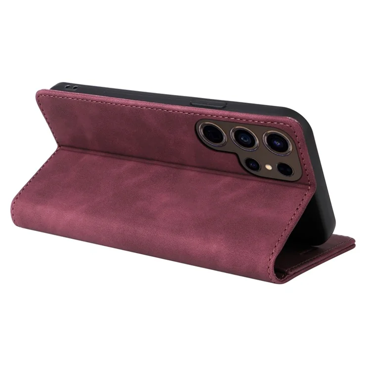 006 Series For Samsung Galaxy S24 Ultra Case PU Leather Folding Stand Cover with Suction Cups Closure - Wine Red