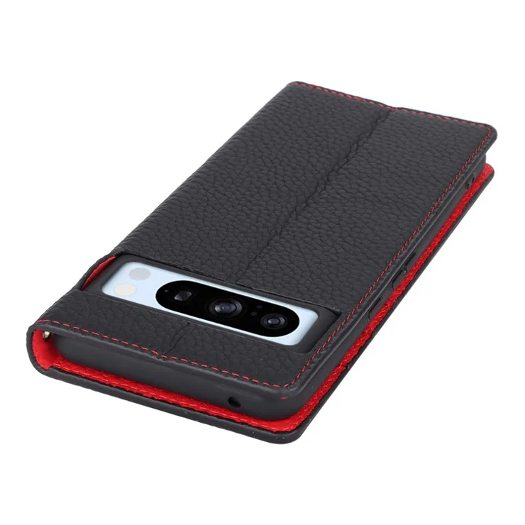 For Google Pixel 8 Pro Case Litchi Texture Genuine Cow Leather Phone Cover Wallet Stand with Strap - Black