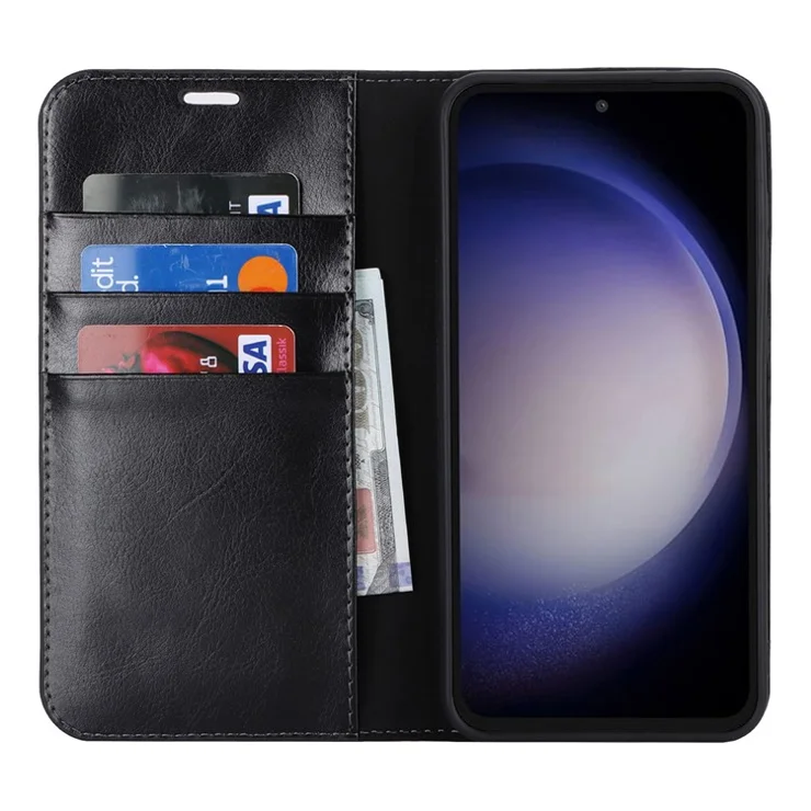 For Samsung Galaxy S23 FE Case Crazy Horse Texture Genuine Split Leather Phone Cover with Stand and Wallet - Black