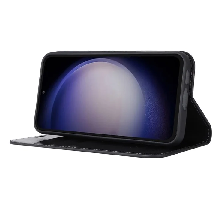 For Samsung Galaxy S23 FE Case Crazy Horse Texture Genuine Split Leather Phone Cover with Stand and Wallet - Black