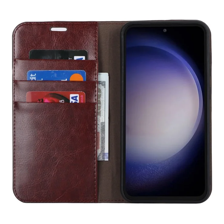 For Samsung Galaxy S23 FE Case Crazy Horse Texture Genuine Split Leather Phone Cover with Stand and Wallet - Dark Brown