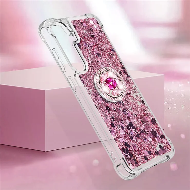 For Samsung Galaxy S24 TPU Case with Kickstand Quicksand Shockproof Cover - Rose Gold / Hearts