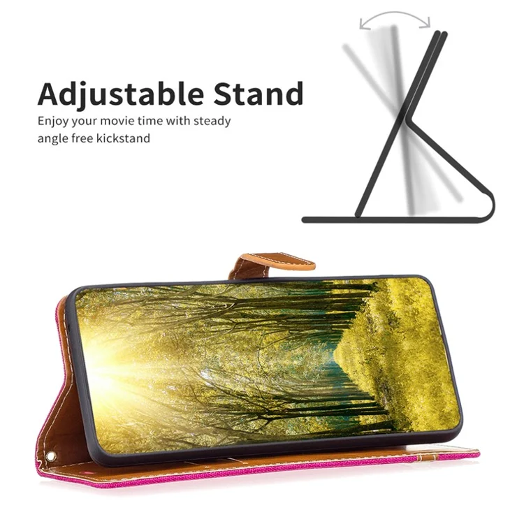 For Xiaomi Redmi 13C 4G / 13C 5G / 13R 5G / Poco M6 5G / Poco C65 4G Case Jeans Cloth Splicing Stand PU Leather Cellphone Cover - Rose
