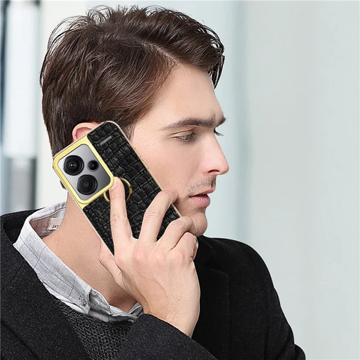 For Xiaomi Redmi Note 13 Pro+ 5G Case Leather+TPU Crocodile Texture Ring Kickstand Phone Back Shell - Red