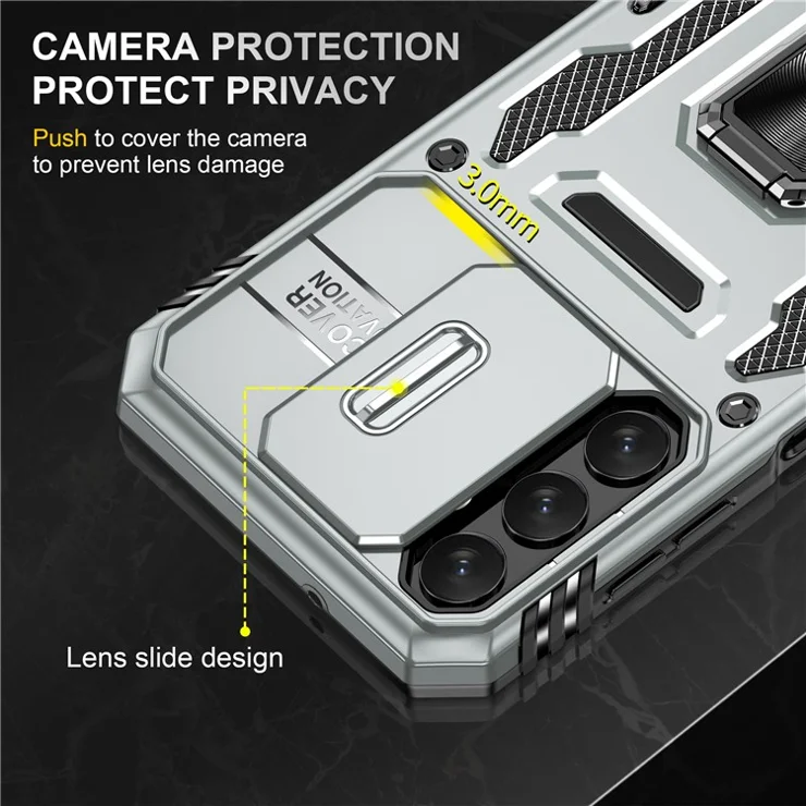 Armor Series For Samsung Galaxy A15 4G Case PC+TPU Anti-Drop Kickstand Phone Cover with Slide Lens Shield - Grey