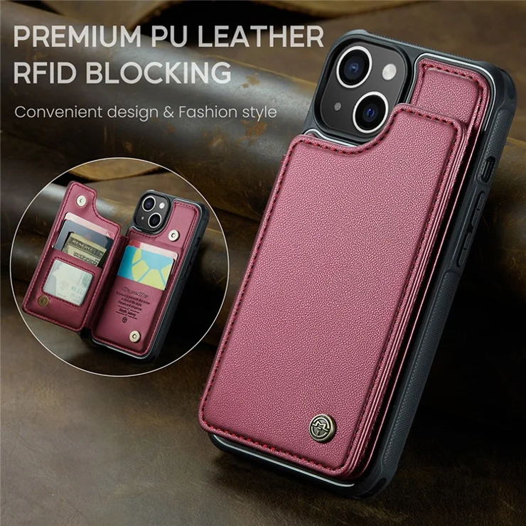 For iPhone 14 Phone Case CASEME C22 Leather Back Cover with RFID Blocking Card Slots - Red