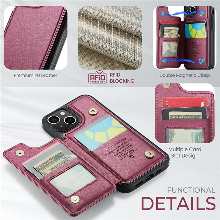 For iPhone 14 Phone Case CASEME C22 Leather Back Cover with RFID Blocking Card Slots - Red