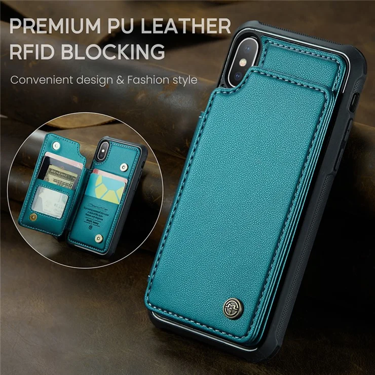 For iPhone X / XS Phone Case CASEME C22 Leather Back Cover with RFID Blocking Card Slots - Green