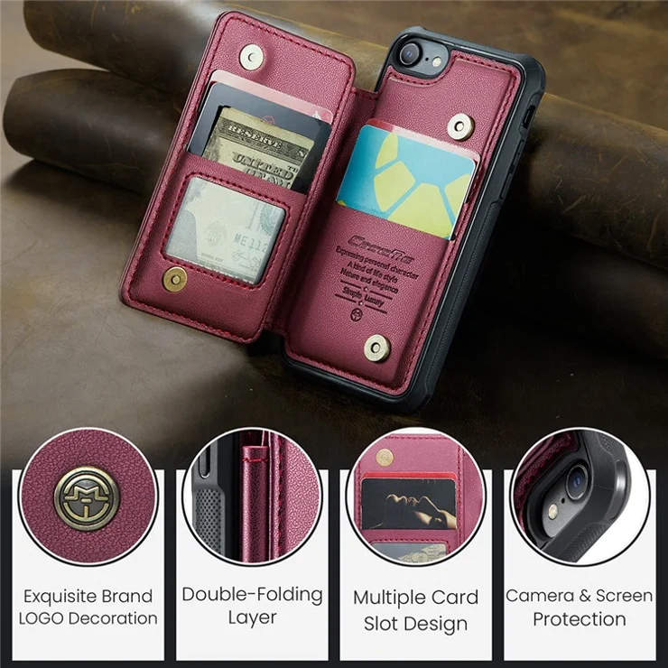 For iPhone 6 / 6s / 7 / 8 / SE (2020) / SE (2022) Phone Case CASEME C22 Leather Back Cover with RFID Blocking Card Slots - Red