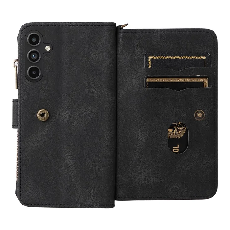 For Samsung Galaxy A15 4G Zipper Wallet Case with 15 Card Slots and Strap Leather Phone Cover - Black