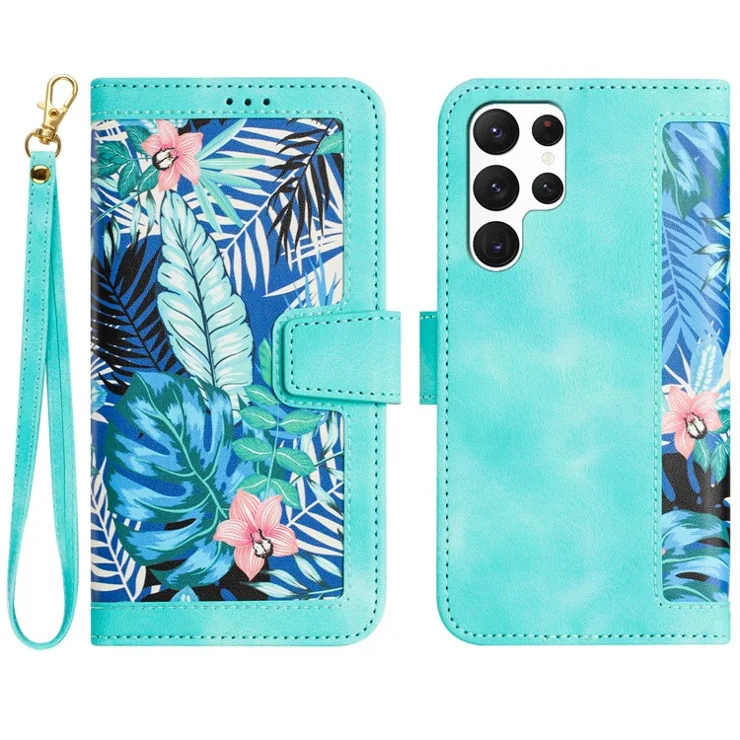 For Samsung Galaxy S24 Ultra Leather Case Flower Pattern Stand Phone Cover - Green