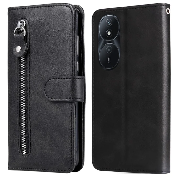 For Honor Play 50 Plus 5G Case Calf Texture Leather Flip Cover Anti-Scratch Phone Case with Zipper Wallet Pocket - Black