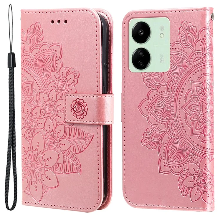 For Xiaomi Redmi 13C 4G / 5G / 13R 5G / Poco M6 5G / Poco C65 4G Case Floral Pattern PU Leather Wallet Stand Phone Cover - Pink