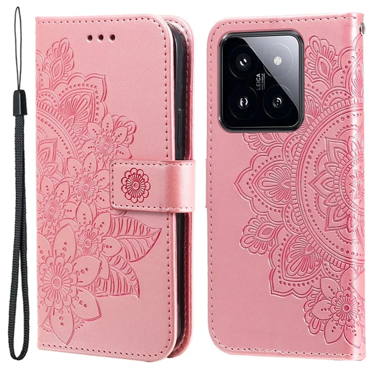 For Xiaomi 14 Pro Case Floral Pattern PU Leather Wallet Stand Phone Cover - Pink