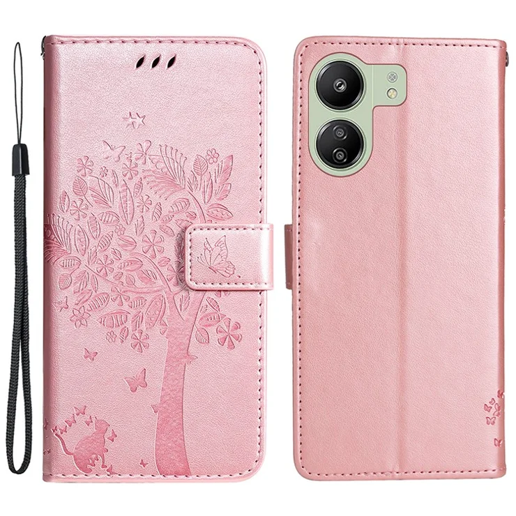 For Xiaomi Redmi 13C 4G / 13C 5G / 13R 5G / Poco M6 5G / Poco C65 4G Case with Stand Cat Tree Pattern Leather Wallet Mobile Cover - Rose Gold