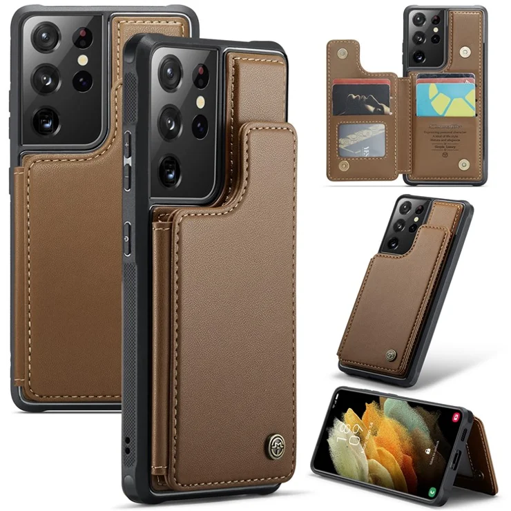 For Samsung Galaxy S21 Ultra 5G Phone Case CASEME C22 Leather Back Cover with RFID Blocking Card Slots - Brown