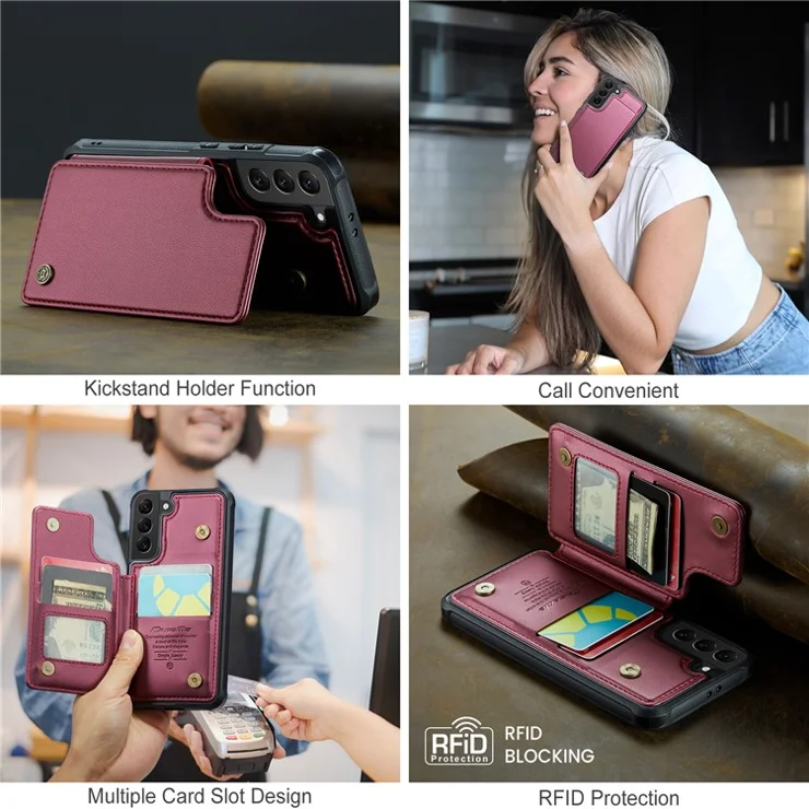 For Samsung Galaxy S21 5G / 4G Phone Case CASEME C22 Leather Back Cover with RFID Blocking Card Slots - Red