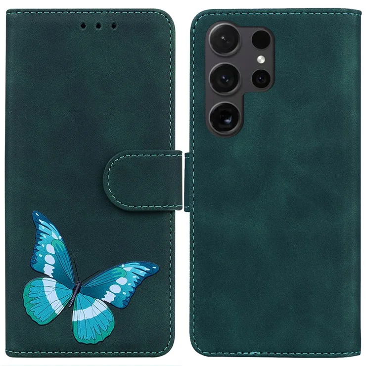 For Samsung Galaxy S24 Ultra Case Leather Butterfly Printing Wallet Phone Stand Cover - Green