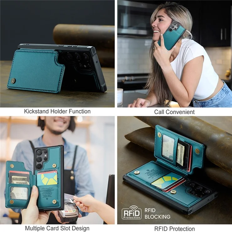 For Samsung Galaxy S22 Ultra 5G Phone Case CASEME C22 Leather Back Cover with RFID Blocking Card Slots - Green