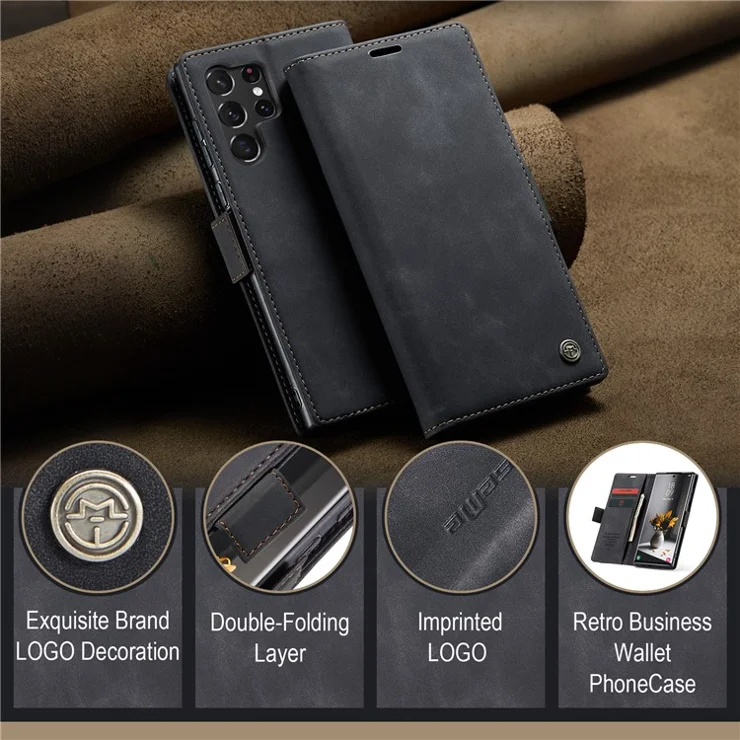CASEME 013 Series For Samsung Galaxy S24 Ultra Phone Case Anti-fall PU Leather Folio Stand Cover - Black