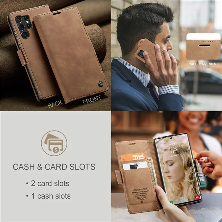 CASEME 013 Series For Samsung Galaxy S24 Ultra Phone Case Anti-fall PU Leather Folio Stand Cover - Brown