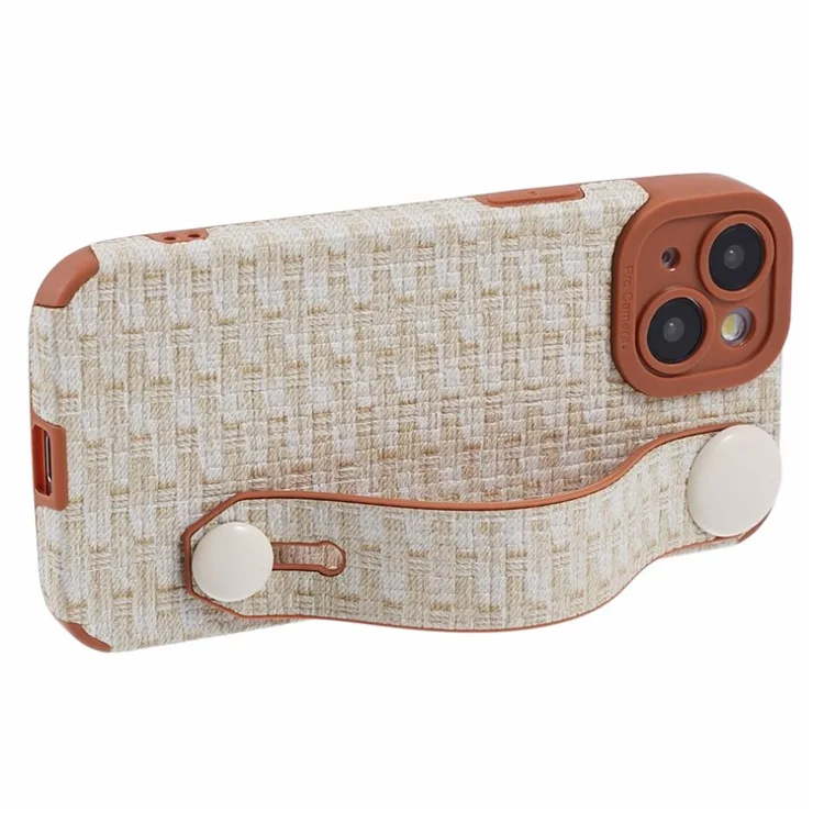 For iPhone 15 Case Anti-scratch Cloth Coated TPU Phone Cover with Wristband Kickstand - Beige