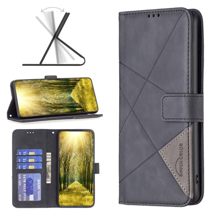 BINFEN COLOR For Motorola Moto G Play (2024) 4G Phone Cases Wallet Stand Geometry Imprinted Leather Cover - Black