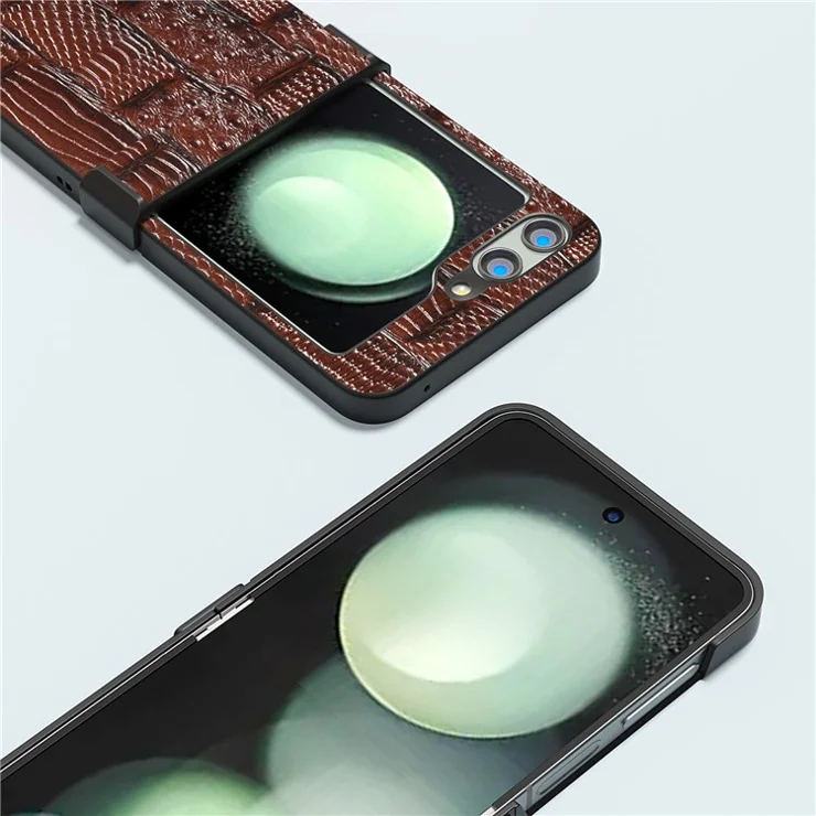 ABEEL For Samsung Galaxy Z Flip5 5G Case Mahjong Texture Genuine Cow Leather+PC Phone Cover - Brown