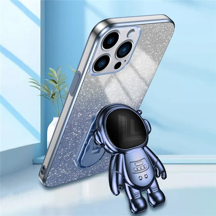 For iPhone 14 Pro Max Case Astronaut Kickstand Glitter Powder PC+TPU Phone Cover - Blue