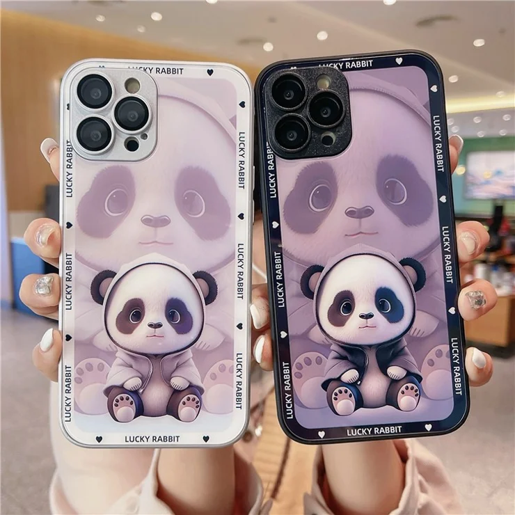 For iPhone 15 Pro Cell Phone Cases Shadow Panda Pattern Tempered Glass+TPU Phone Cover - Blue