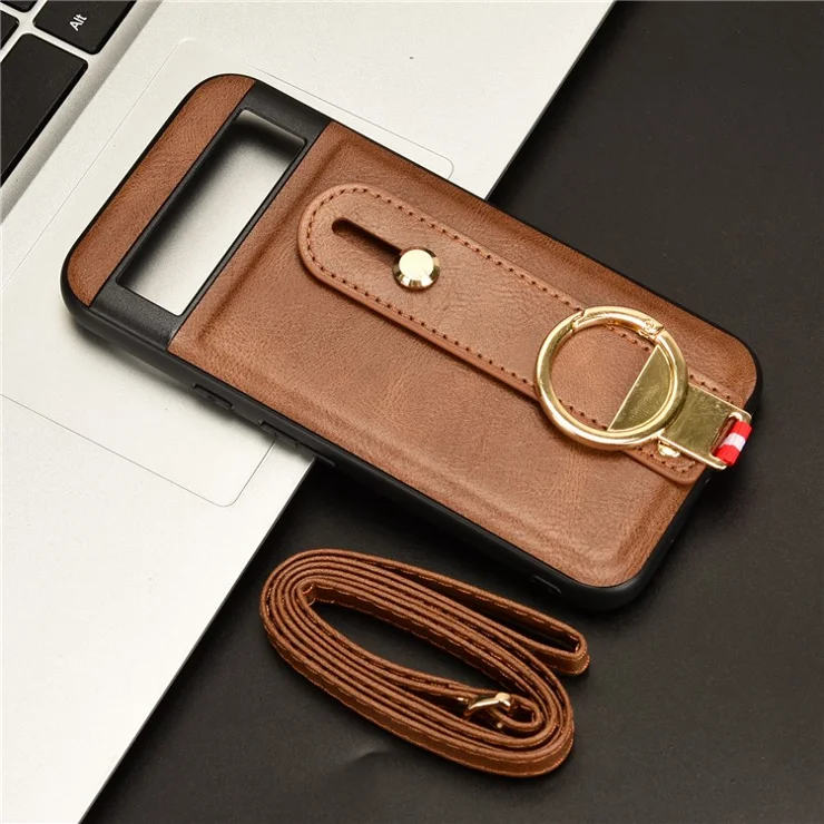For Google Pixel 8a Cell Phone Case Anti-scratch PU Leather+PC+TPU Wristband Cover - Brown