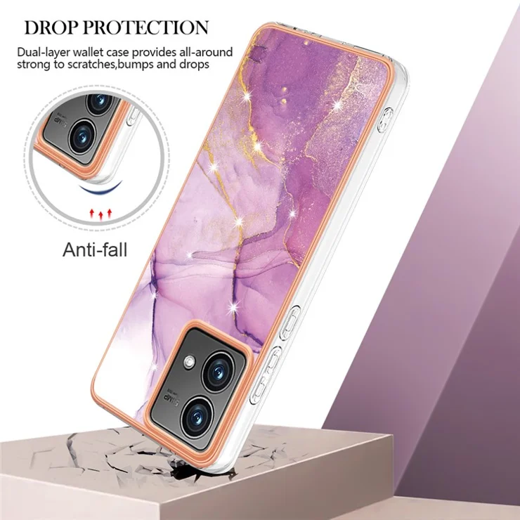 For Motorola Moto G84 5G TPU Case with IMD Marble Pattern Electroplated Back Cover - Purple 001