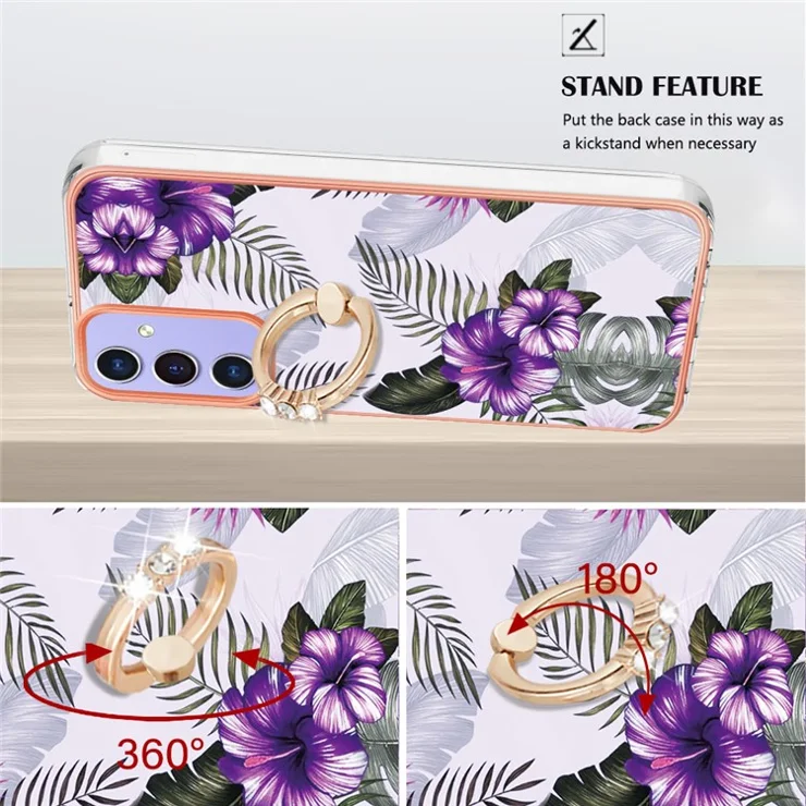 For Samsung Galaxy A15 5G Case with Ring Kickstand IMD Marble Pattern TPU Back Cover - Purple Flowers