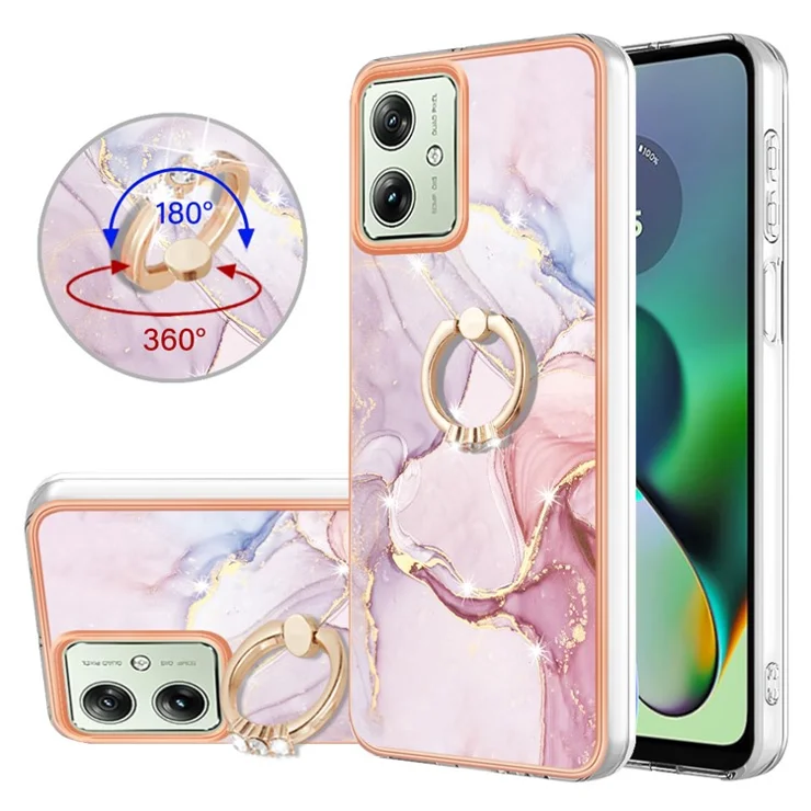 For Motorola Moto G54 5G Case with Ring Kickstand Marble Pattern Electroplating TPU Back Cover - Rose Gold 005