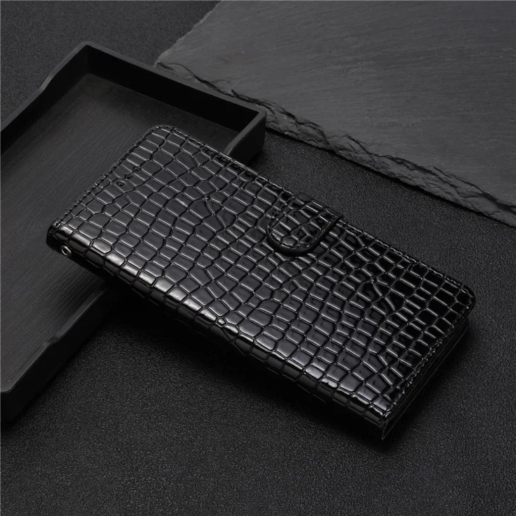 Flip Cover for Motorola Moto G54 5G Crocodile Texture Leather Cell Phone Cases with Strap - Black