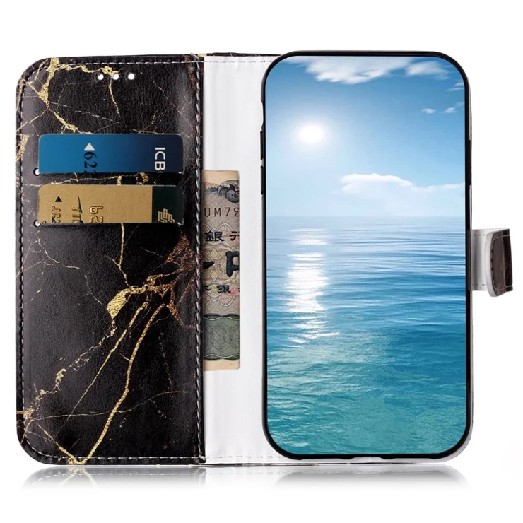 For Motorola Moto G54 5G Wallet Case Pattern PU Leather Flip Phone Cover - Black Gold Marble