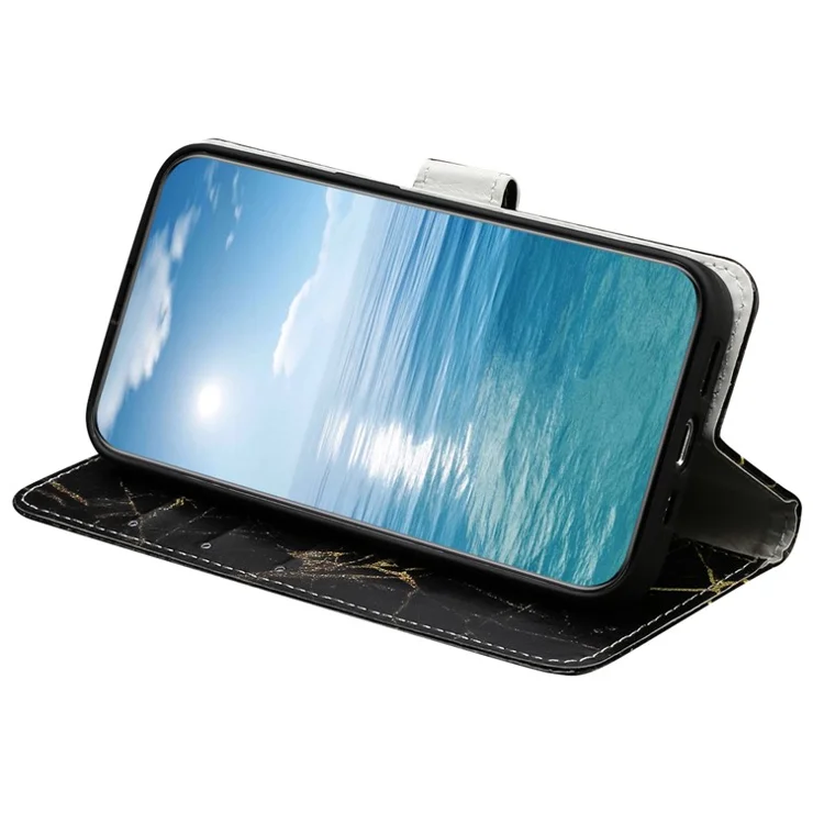 For Motorola Moto G54 5G Wallet Case Pattern PU Leather Flip Phone Cover - Black Gold Marble