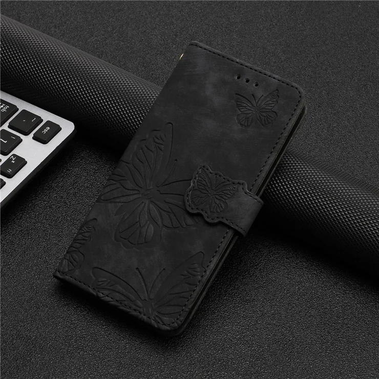 For Motorola Moto G14 4G Wallet Flip Case PU Leather Imprinted Butterfly Phone Cover - Black