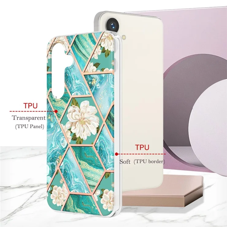 For Samsung Galaxy S24+ Case with IMD Marble Flower Pattern TPU Mobile Back Cover - Blue Flowers