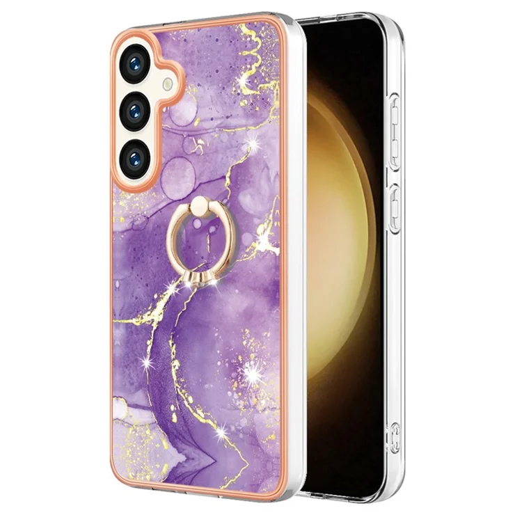 For Samsung Galaxy S24 Case with Ring Kickstand Marble Pattern Electroplating TPU Back Cover - Purple 002