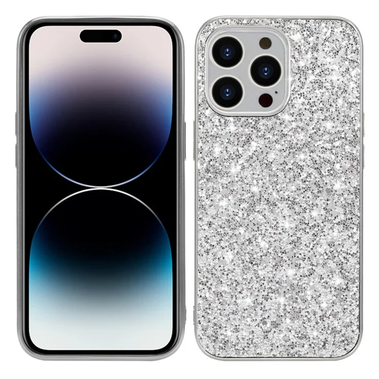 For iPhone 14 Pro Case Glitter Sequins Electroplating TPU Frame PC Back Cover - Silver
