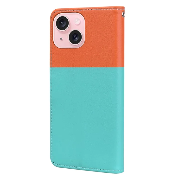 Cartoon Pet Series for iPhone 15 Plus Case Color Splicing Leather Wallet Cover - Sky Blue