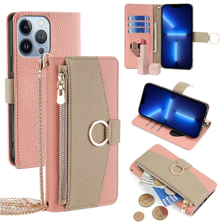 For iPhone 13 Pro Leather Case Crossbody Phone Cover with Wallet Stand - Pink