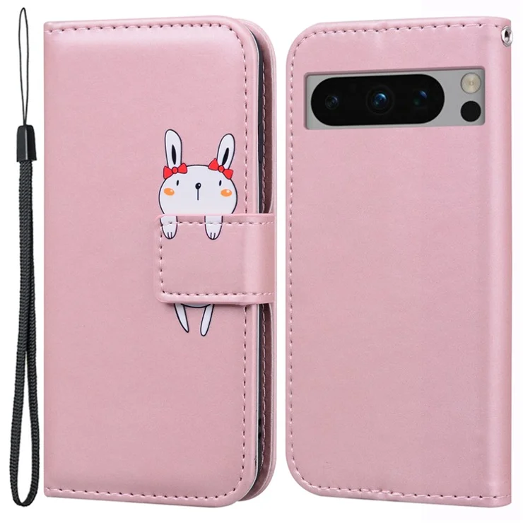 For Google Pixel 8 Pro Leather Stand Cover Cartoon Animal Pattern Cell Phone Cases with Strap - Pink