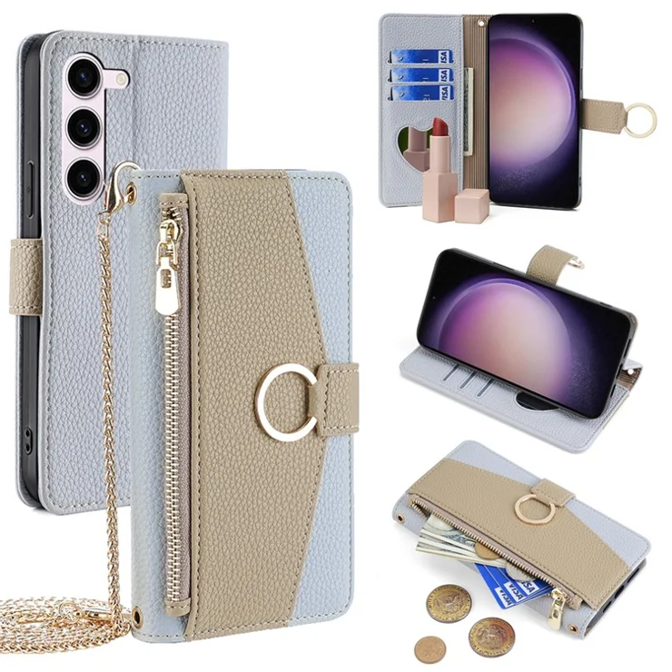 For Samsung Galaxy S23 Wallet Case PU Leather Crossbody Phone Bag with Mirror Design - Blue
