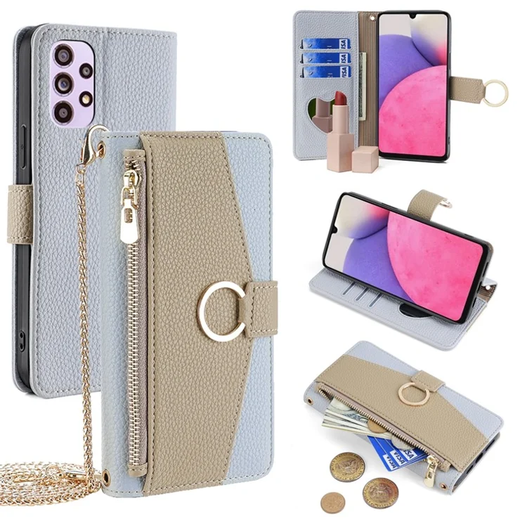 For Samsung Galaxy A33 5G Cell Phone Case Wallet PU Leather Cover with Chain Shoulder Strap - Blue