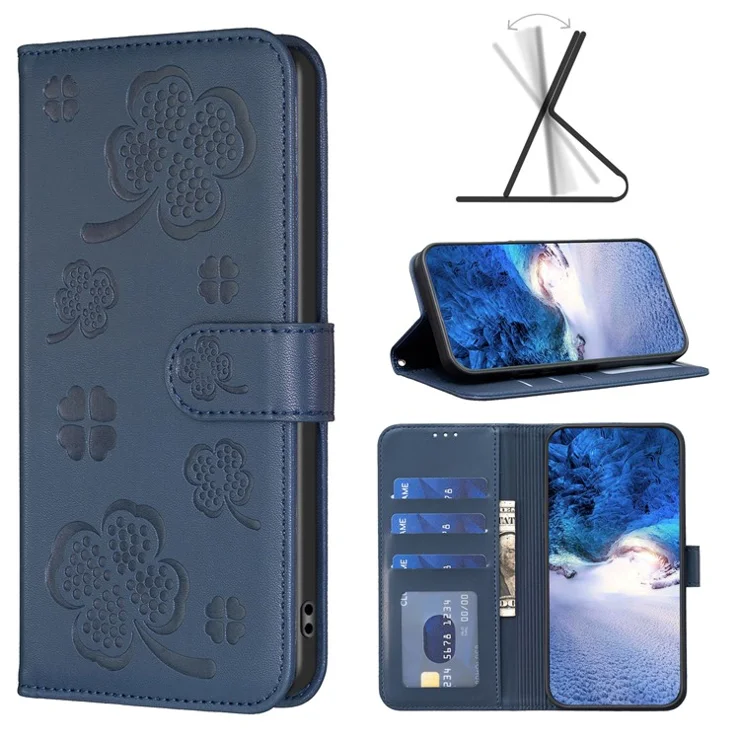 For Xiaomi Redmi 13C 4G / 13C 5G / 13R 5G / Poco M6 5G / Poco C65 4G Leather Phone Case Clover Pattern Stand Magnetic Closure Cover - Blue