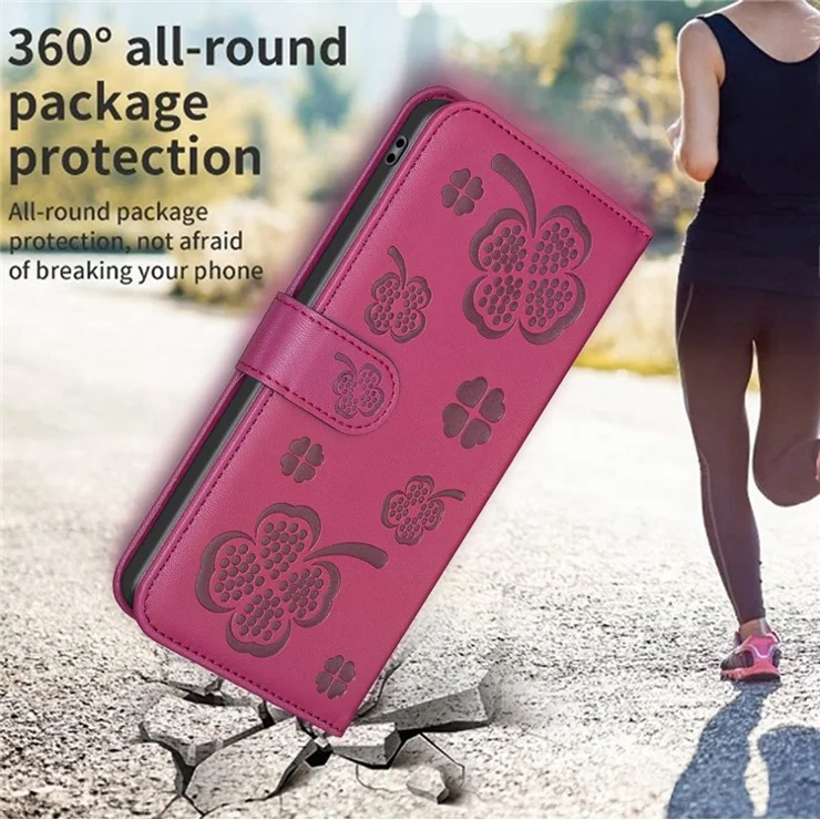 For Xiaomi Redmi 12 4G Wallet Flip Cover PU Leather Clover Imprinted Folio Phone Case - Rose
