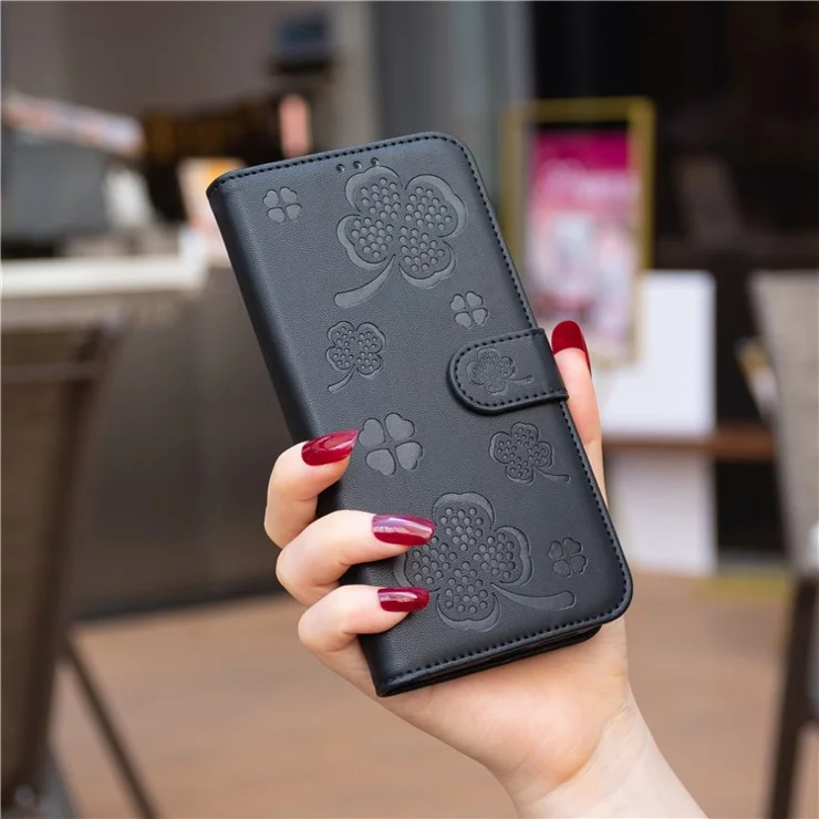 For Nokia G42 / G310 Wallet Case PU Leather Clover Pattern Card Slots Stand Phone Cover - Black